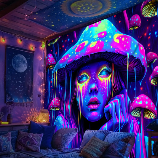 Psychedelic Mushroom Girl Blacklight Tapestry
