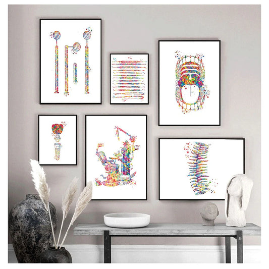Dental anatomy watercolour canvas print framed on a wall