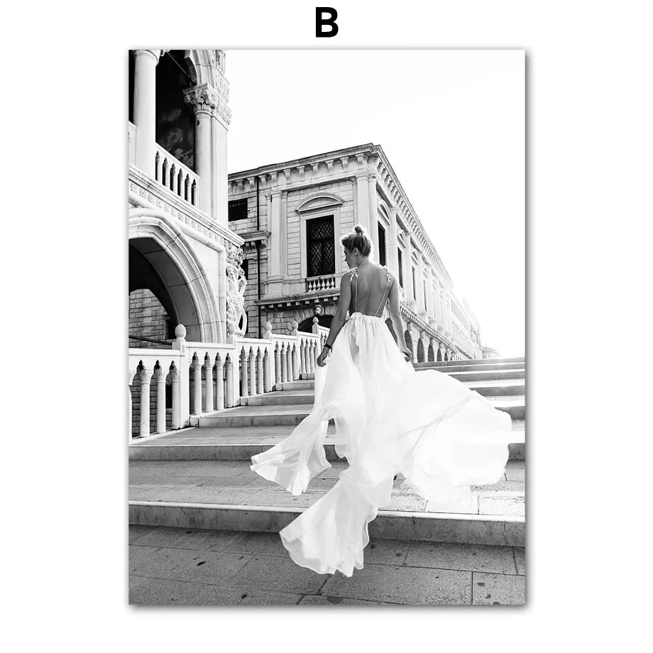 Paris Fashion Girl Black & White Canvas Art