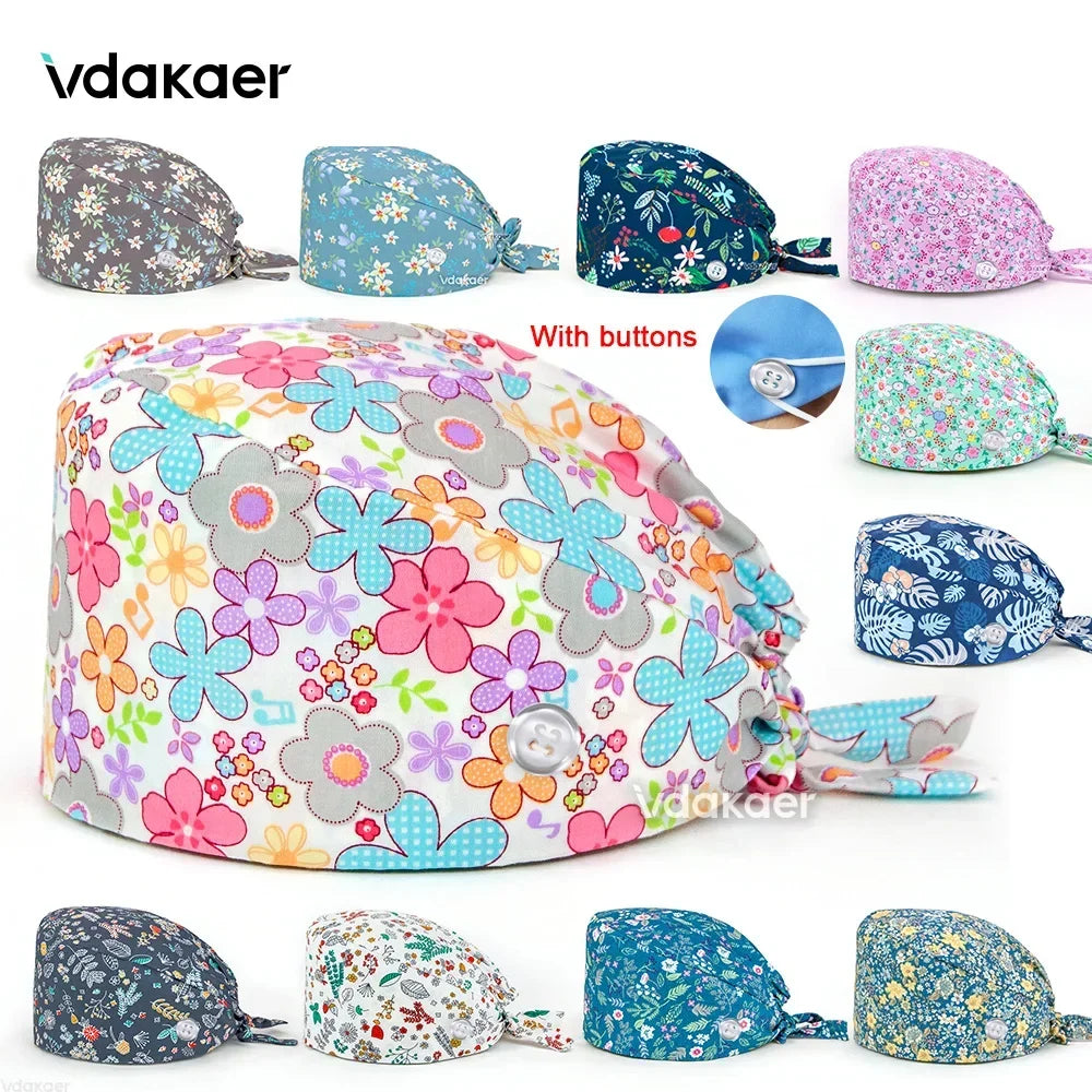 Buttoned Tie-Back Scrub Cap