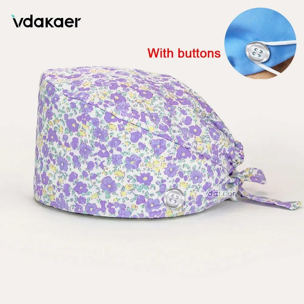 Buttoned Tie-Back Scrub Cap