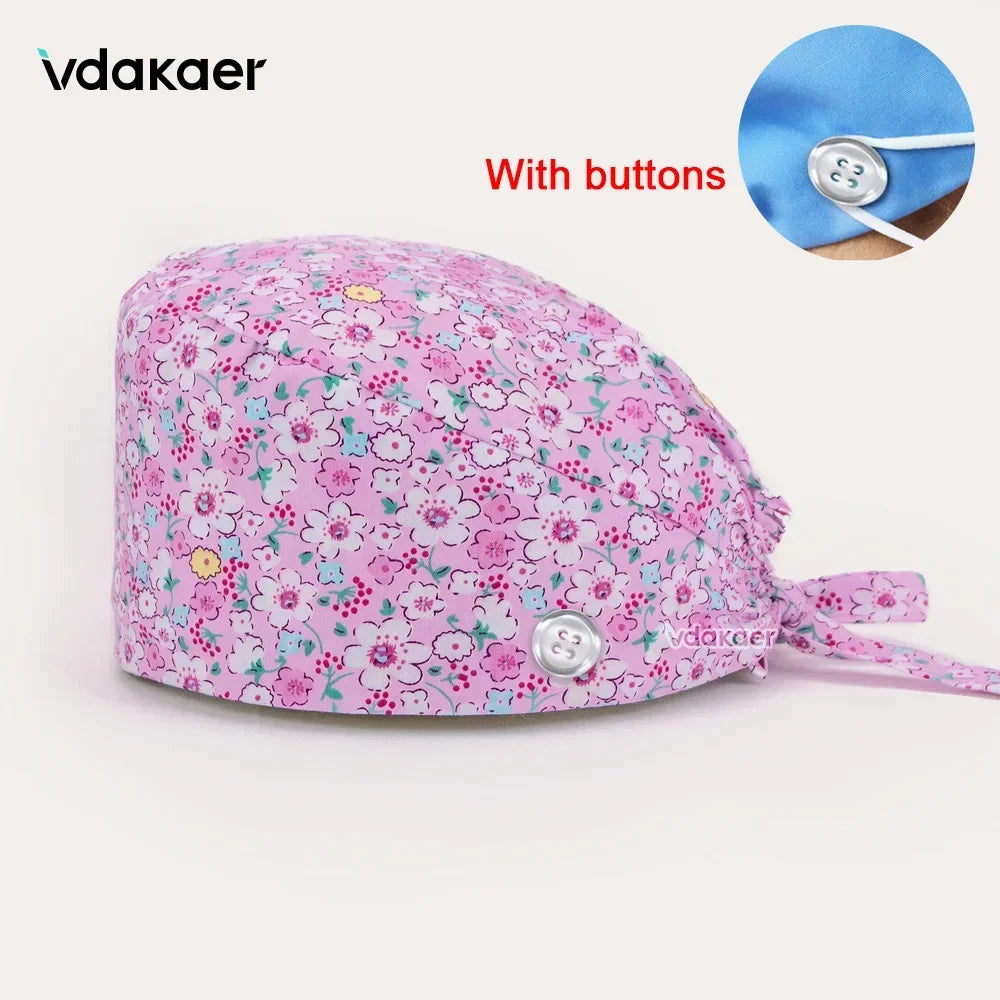 Buttoned Tie-Back Scrub Cap