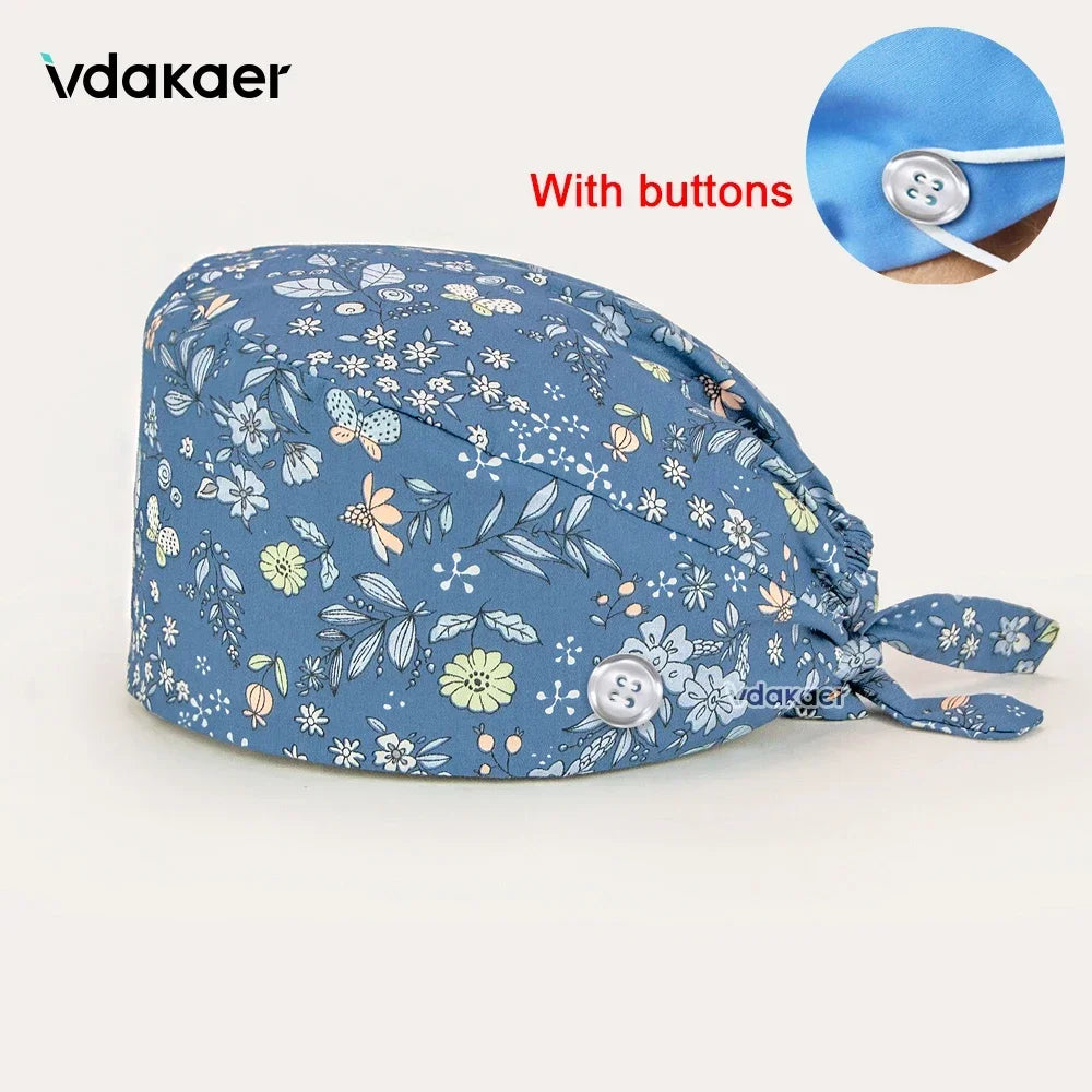 Buttoned Tie-Back Scrub Cap