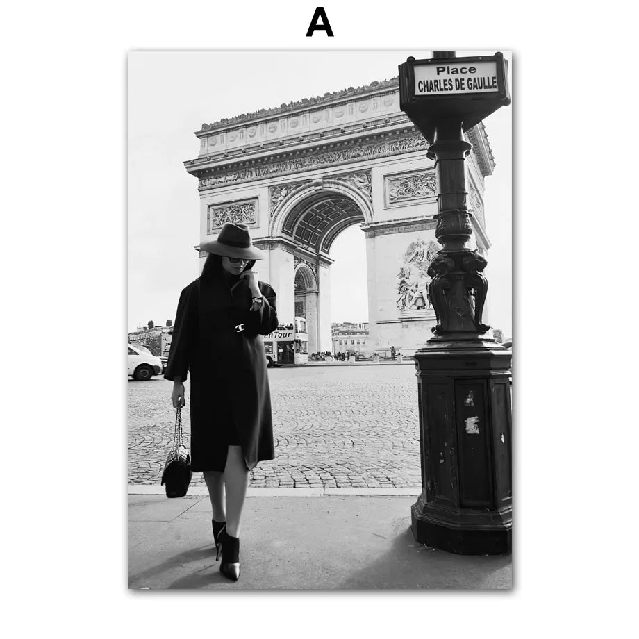 Paris Fashion Girl Black & White Canvas Art