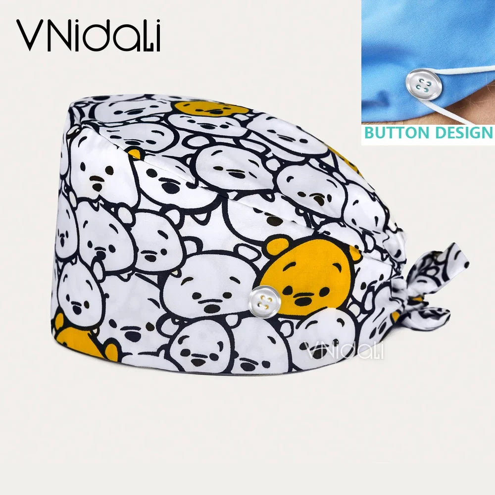 Buttoned Tie-Back Scrub Cap