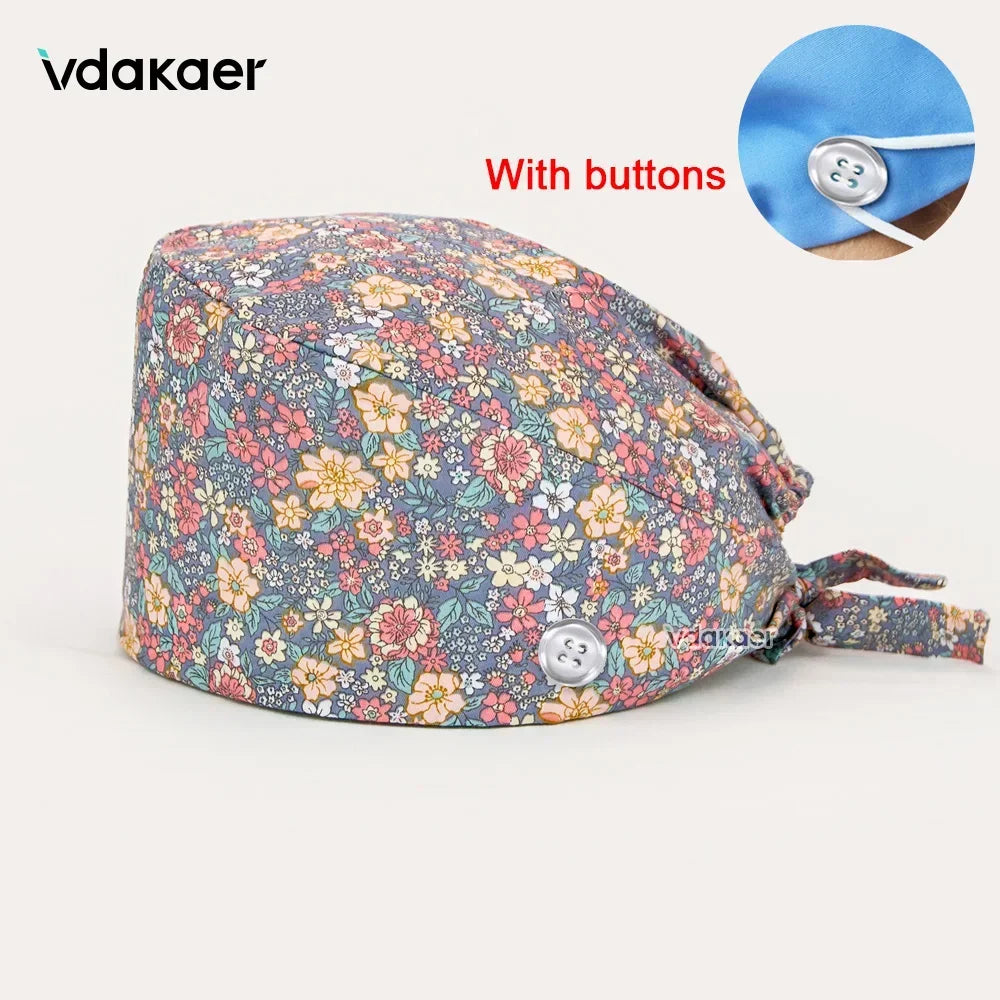 Buttoned Tie-Back Scrub Cap