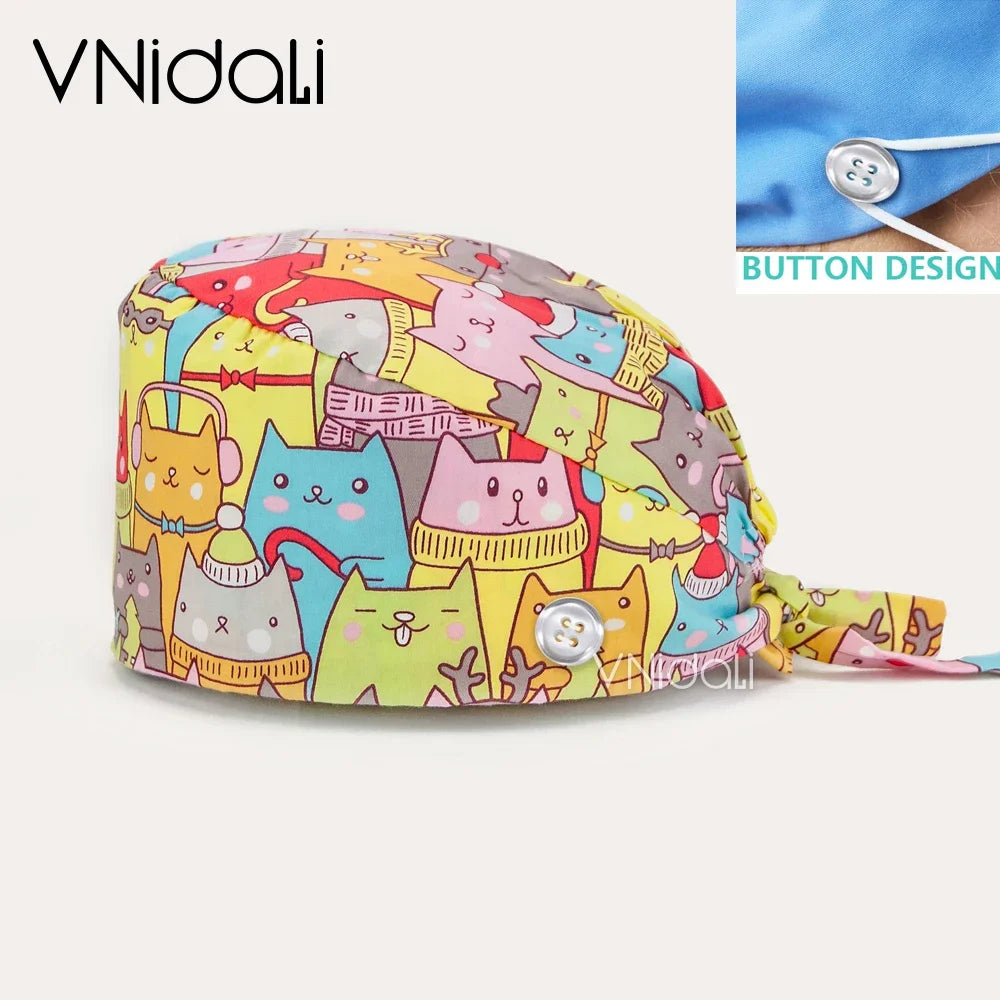 Buttoned Tie-Back Scrub Cap