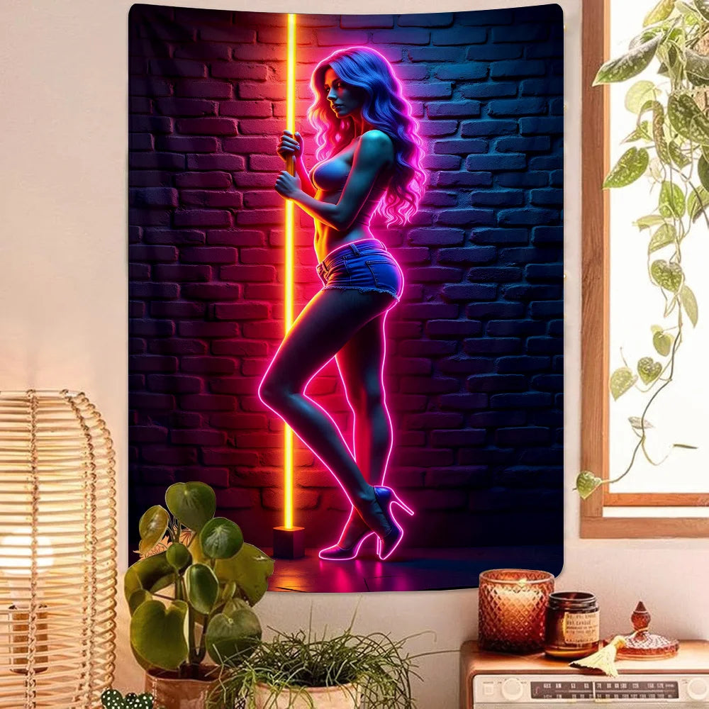 Cyberpunk Silhouette Neon Tapestry