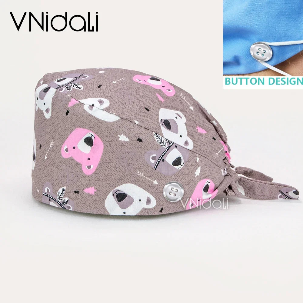 Buttoned Tie-Back Scrub Cap