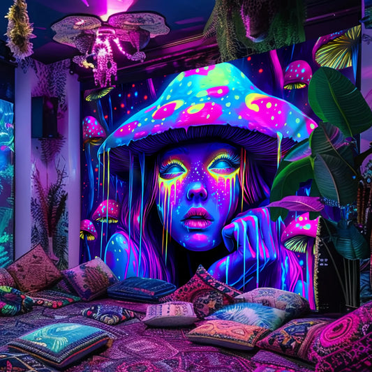 Psychedelic Mushroom Girl Blacklight Tapestry