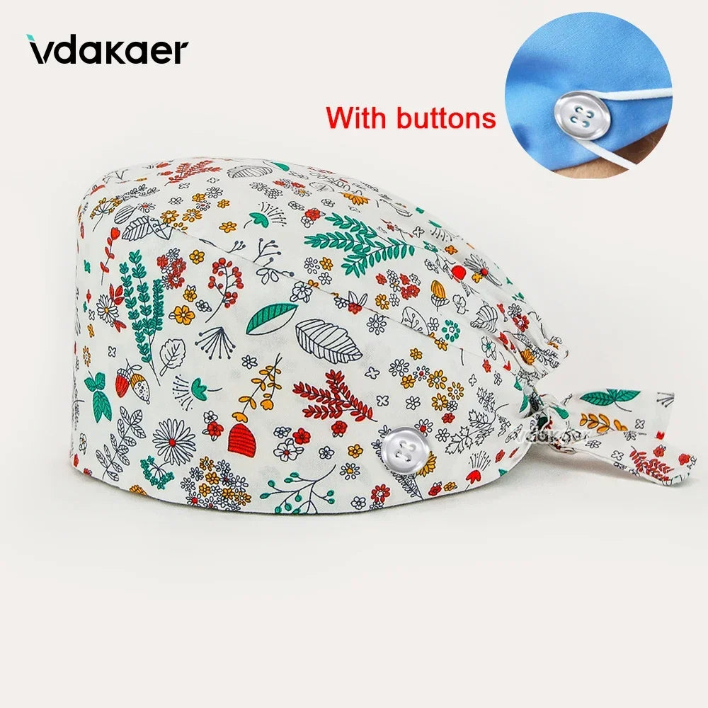 Buttoned Tie-Back Scrub Cap