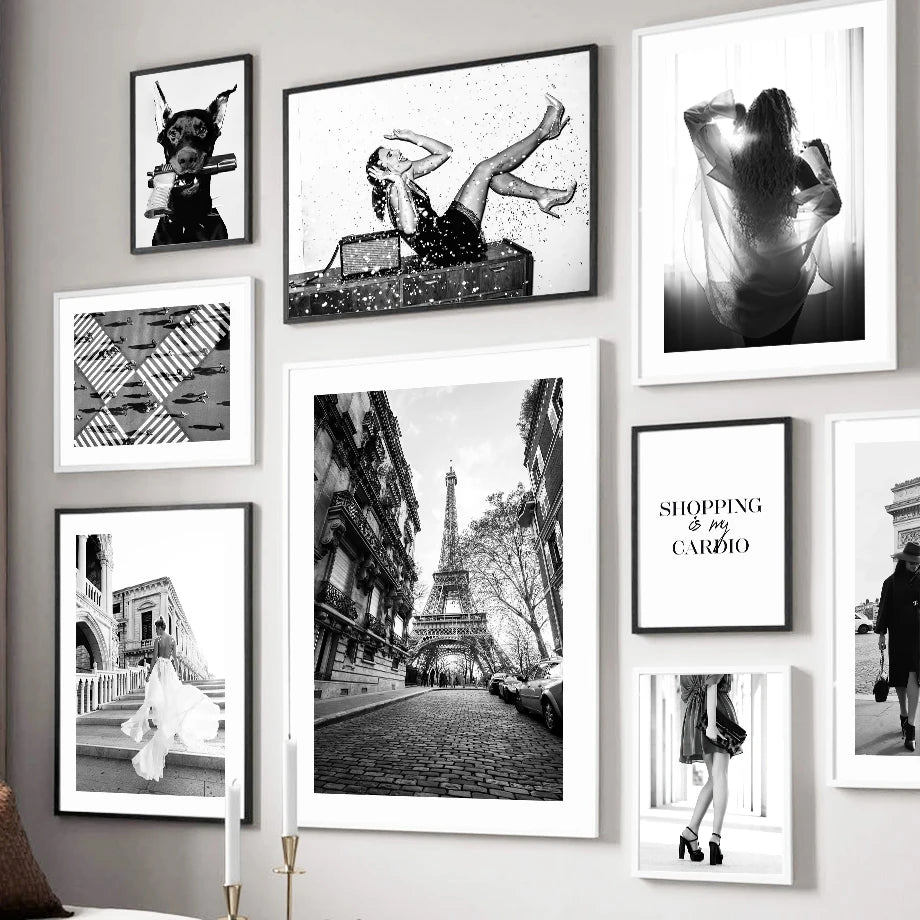 Paris Fashion Girl Black & White Canvas Art