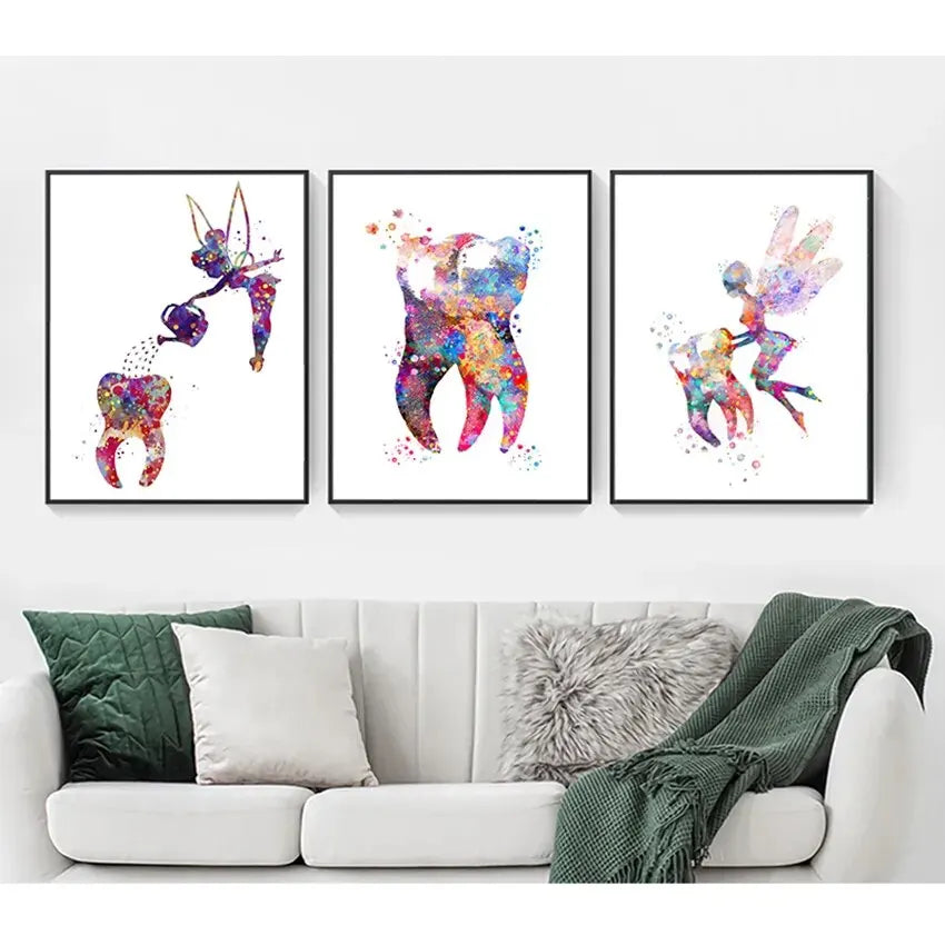 Watercolour teeth canvas print for a dental practice
