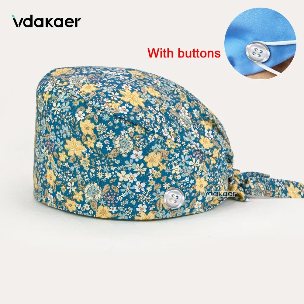 Buttoned Tie-Back Scrub Cap