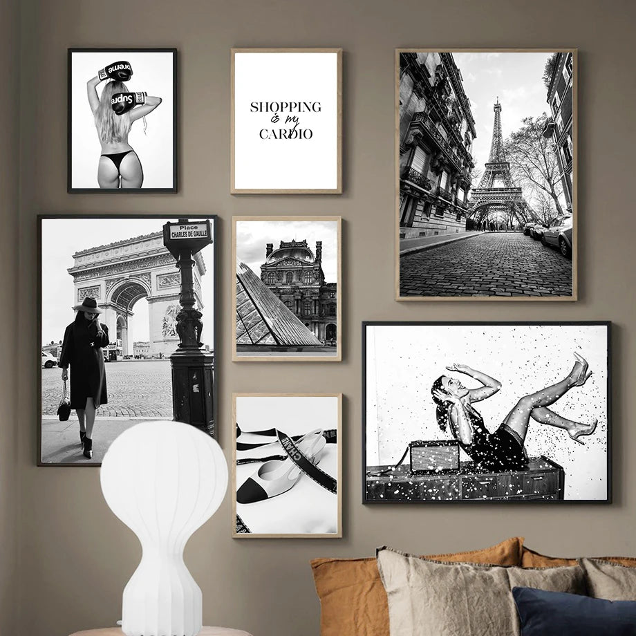 Paris Fashion Girl Black & White Canvas Art
