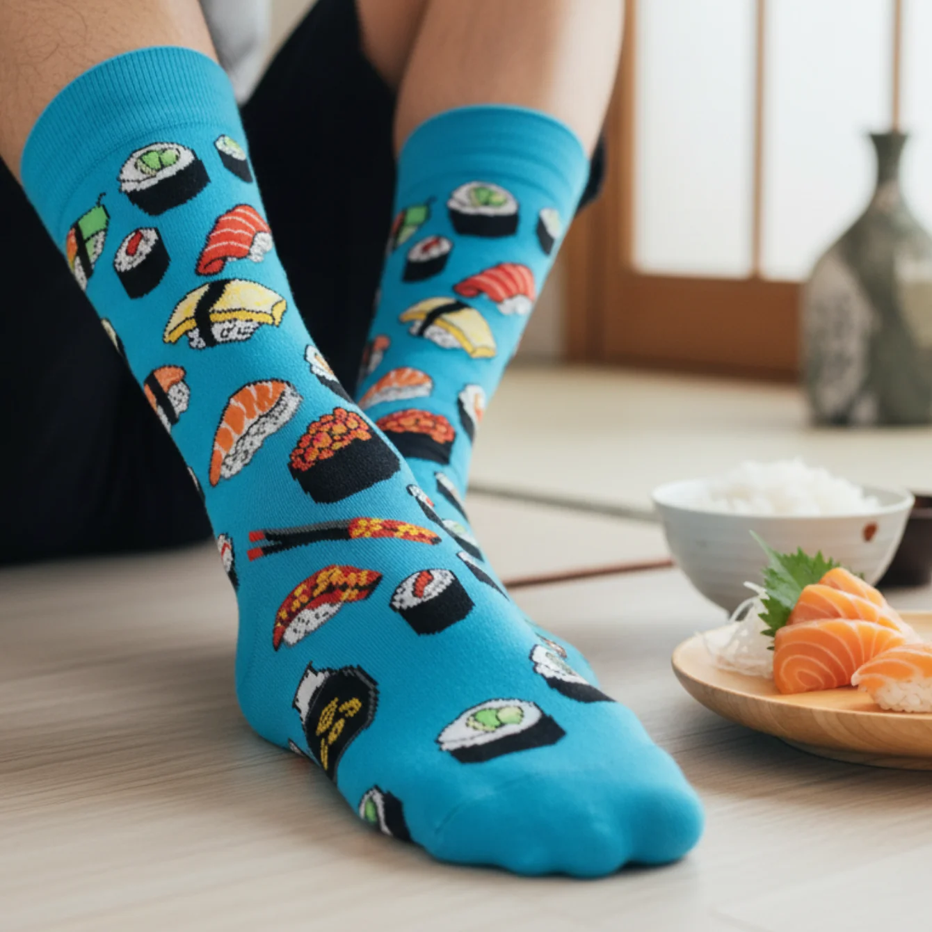 Sushi Print Blue Crew Socks