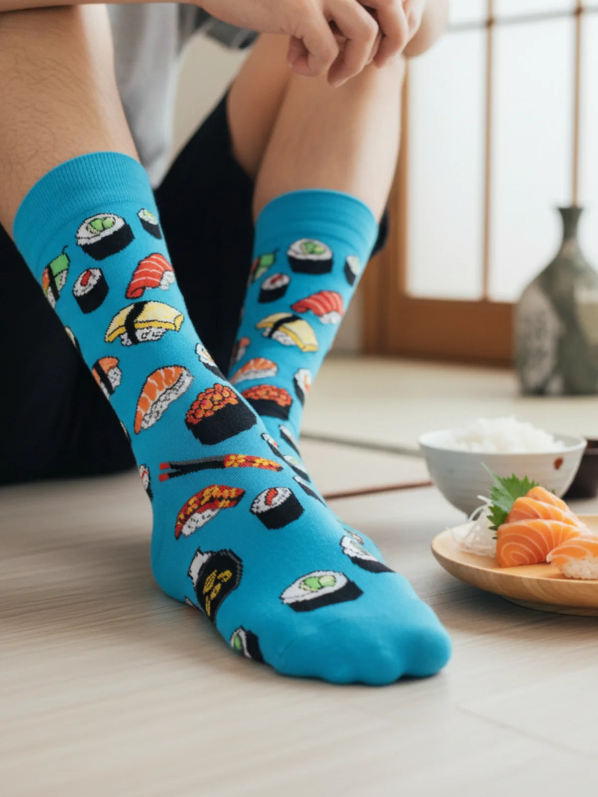 Sushi Print Blue Crew Socks