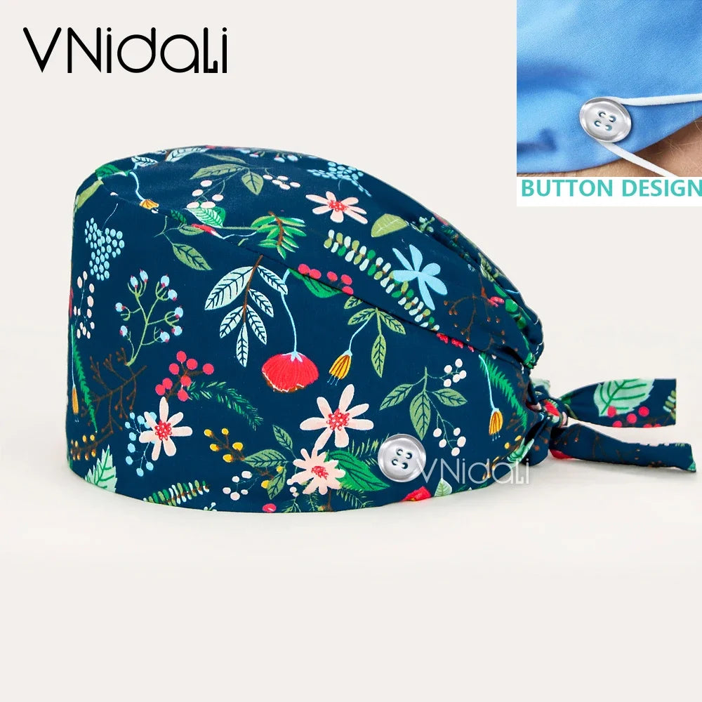 Buttoned Tie-Back Scrub Cap