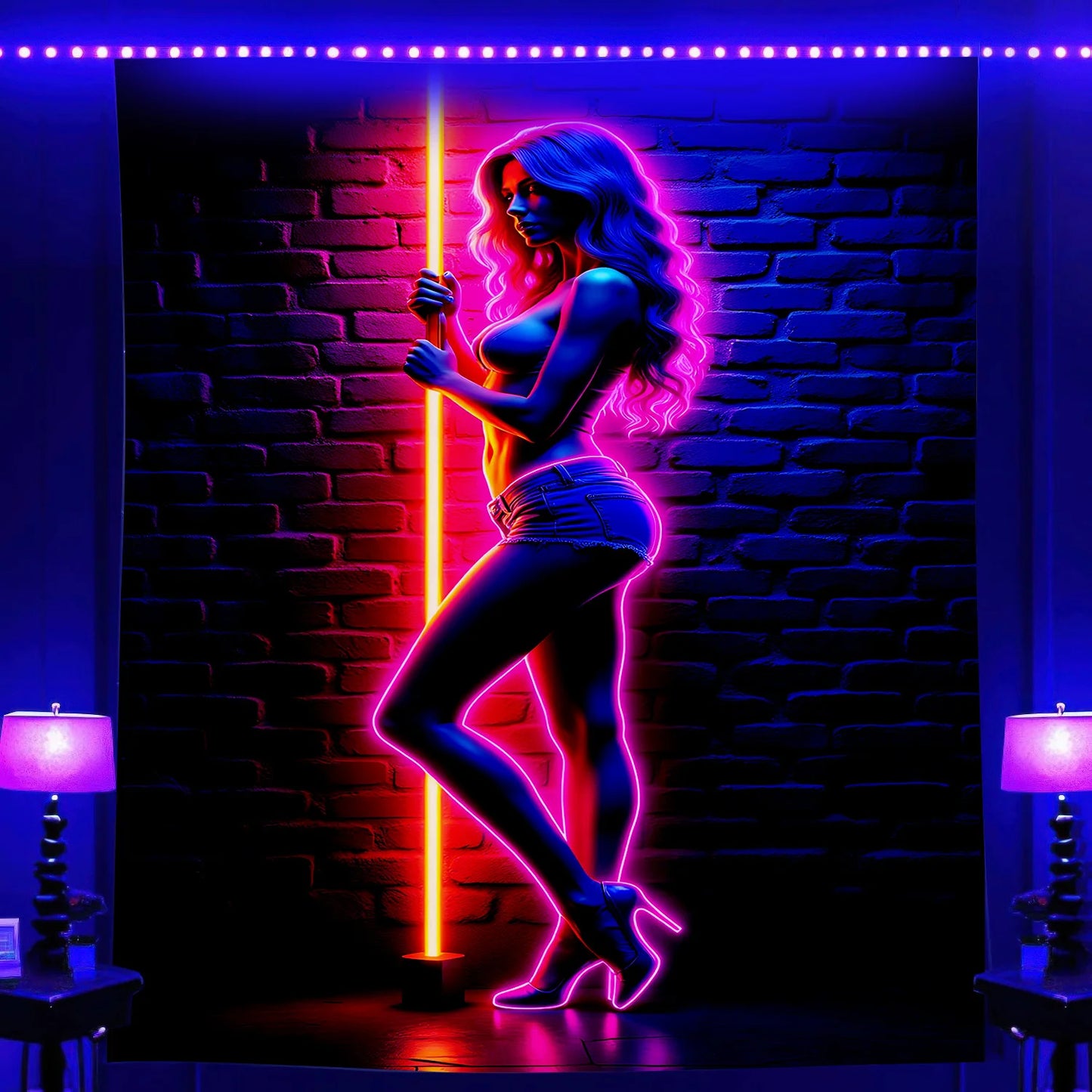 Cyberpunk Silhouette Neon Tapestry