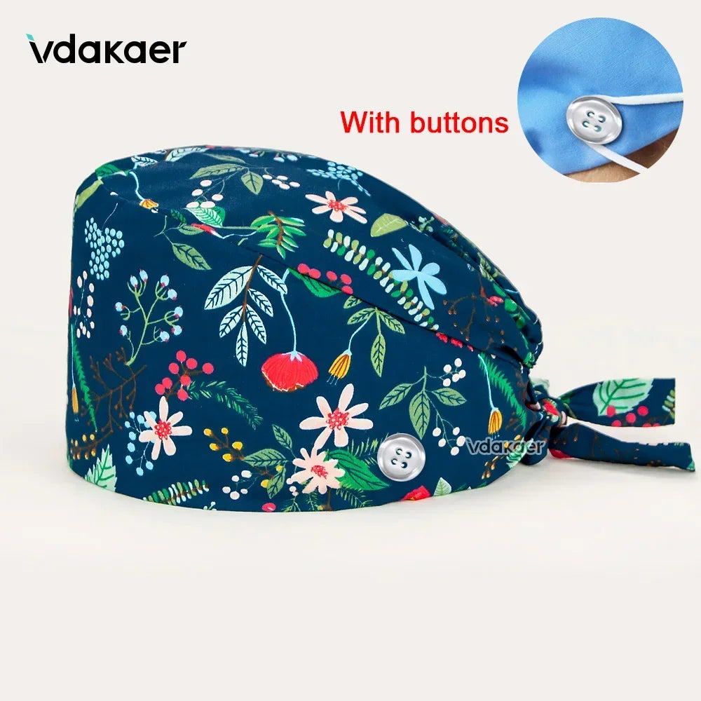 Buttoned Tie-Back Scrub Cap