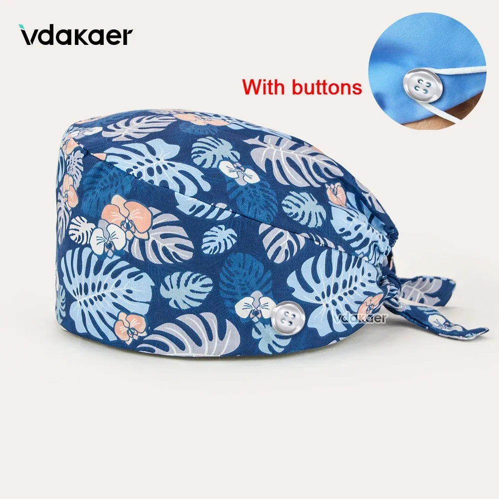 Buttoned Tie-Back Scrub Cap