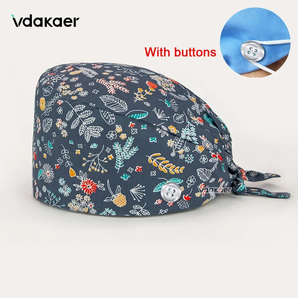 Buttoned Tie-Back Scrub Cap