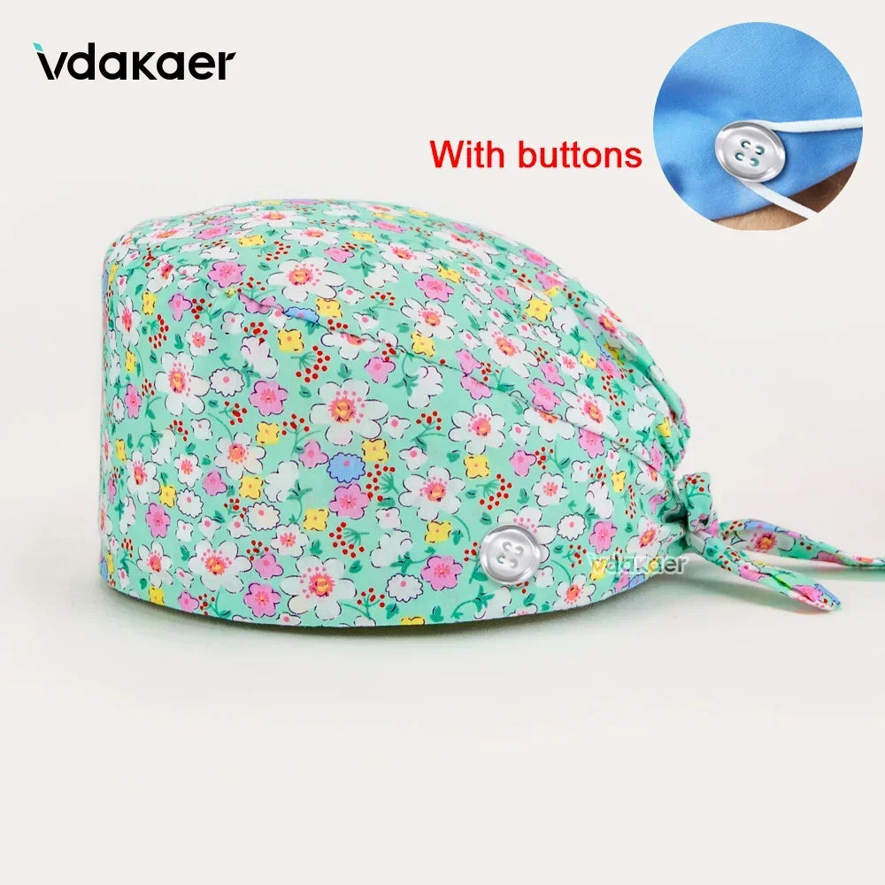 Buttoned Tie-Back Scrub Cap