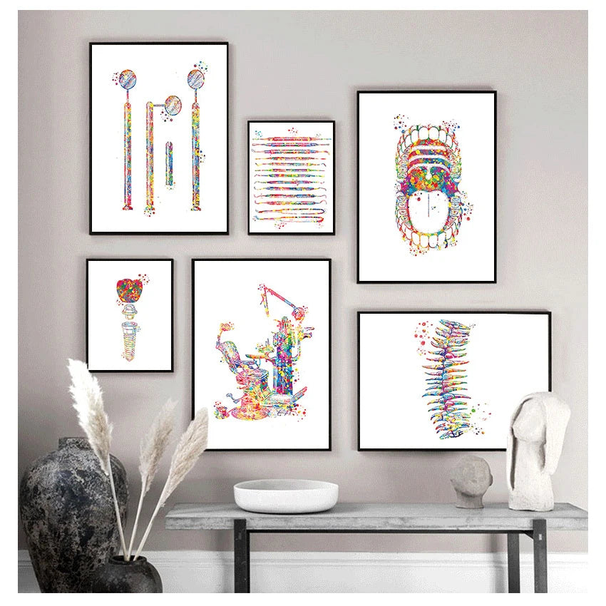 Dental anatomy watercolour canvas print framed on a wall