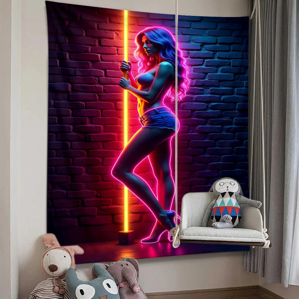 Cyberpunk Silhouette Neon Tapestry